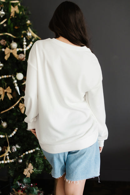 White Merry Tinsel Letter Embroidery Ribbed Drop Shoulder Sweatshirt