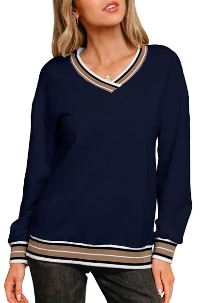 Parchment Varsity Contrast Striped Trim V Neck Sweatshirt