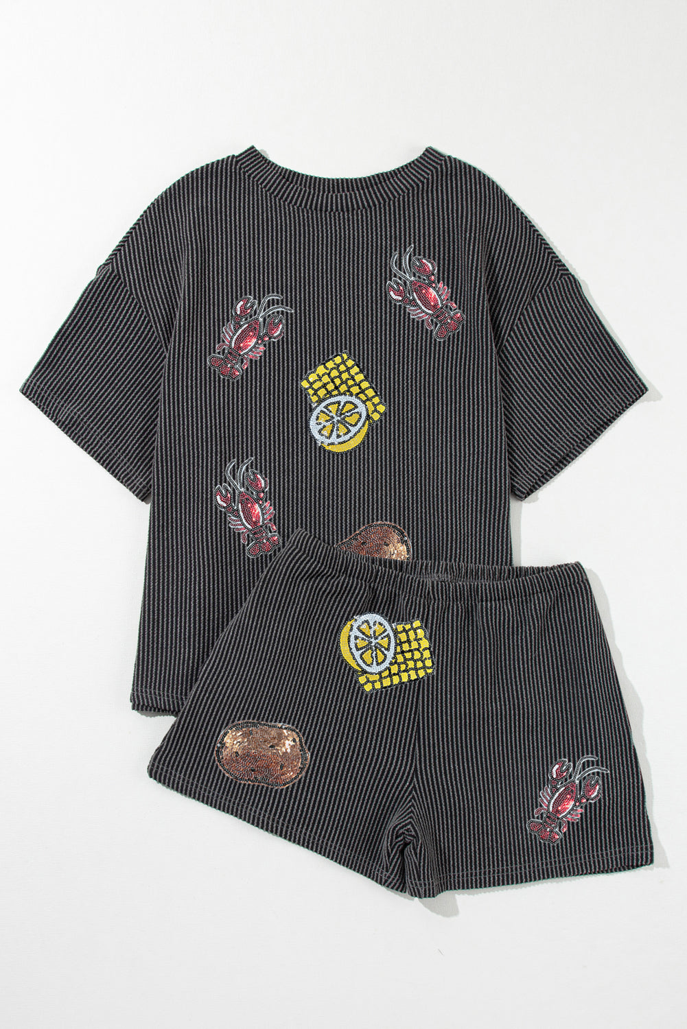 Carbon Grey Sequin Crawfish Food Print Textured Tee and Short Set