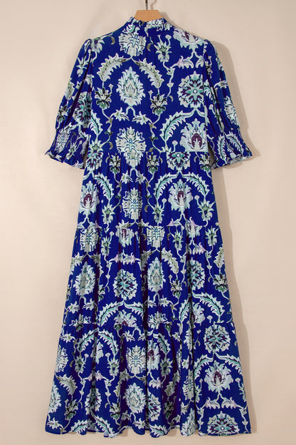 Blue Wild Floral Print Frilled Collar Half Sleeve Long Dress