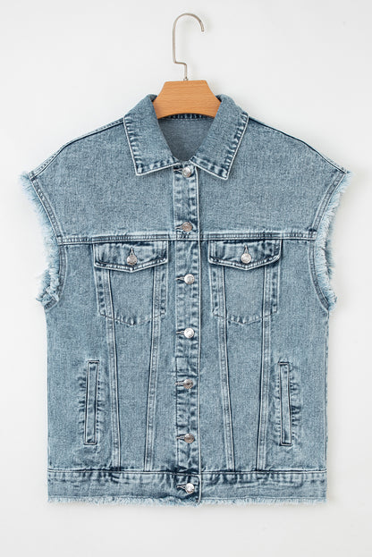 Myosotis Button Flap Pocket Frayed Detail Denim Vest