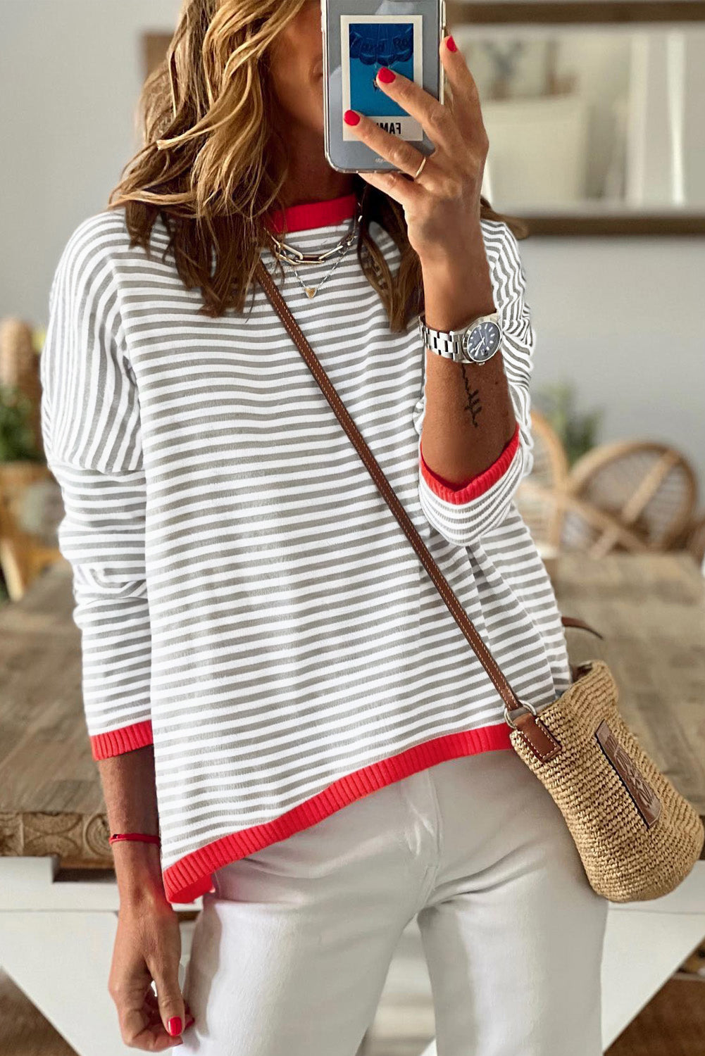 Gray Striped Contrast Trimmed Drop Shoulder Sweater