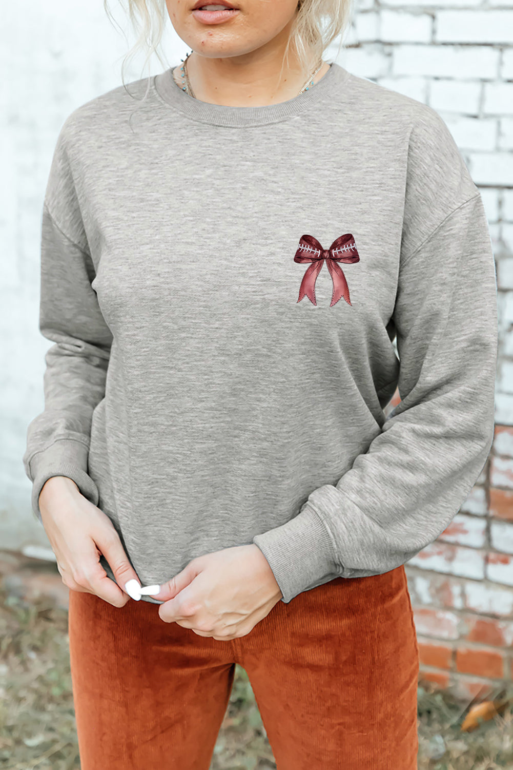 Gray Football Bow Print Drop Shoulder Pullover Sweatshirt