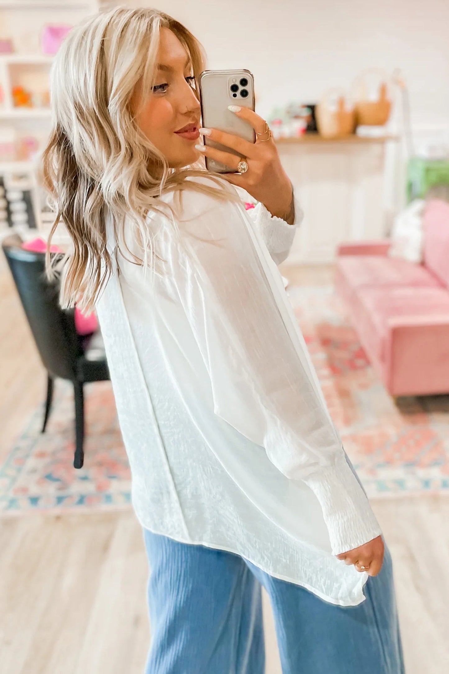 White Smocked Cuffs Semi Sheer Long Sleeve Dolman Blouse