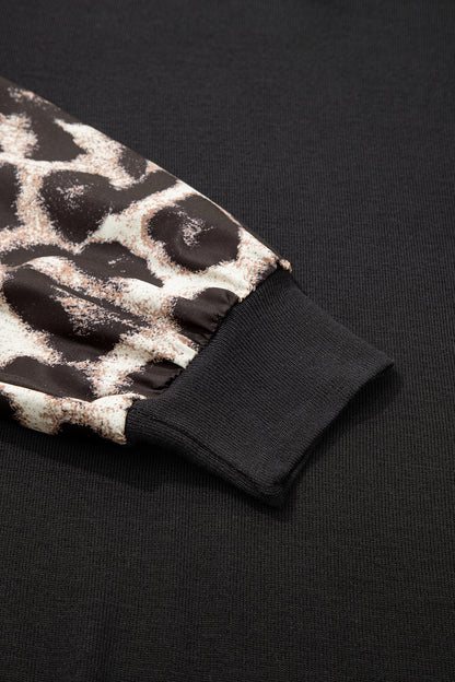 Khaki Leopard Puff Sleeve Patchwork Top