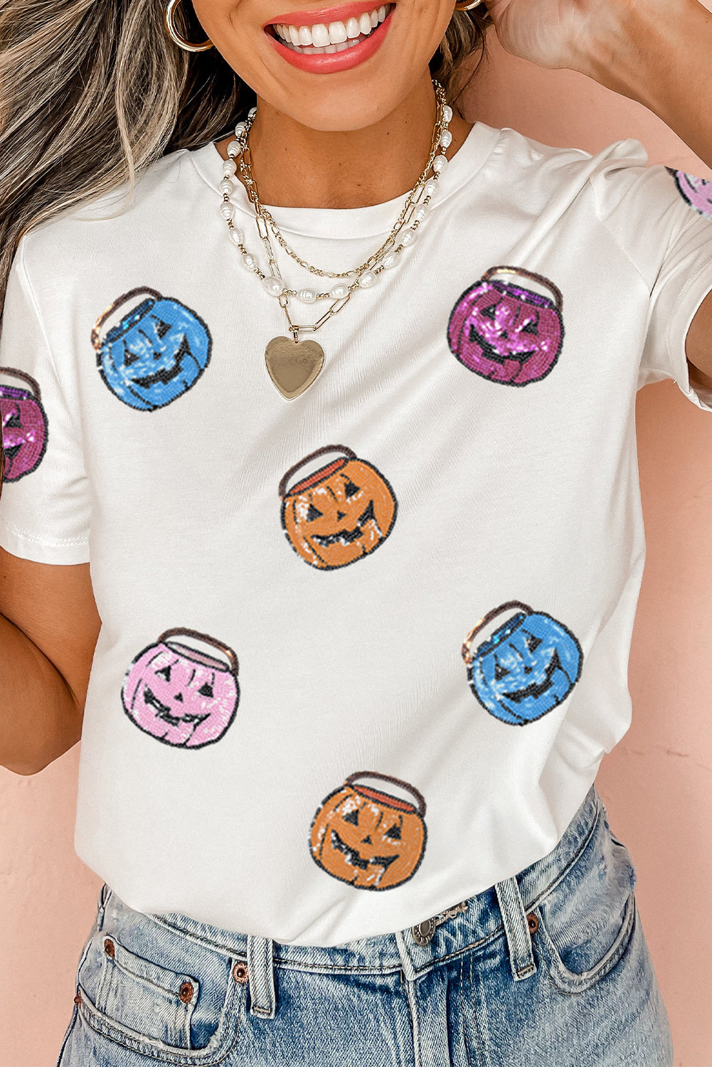 White Sequin Pumpkin Face Patched Crew Neck Holiday T Shirt