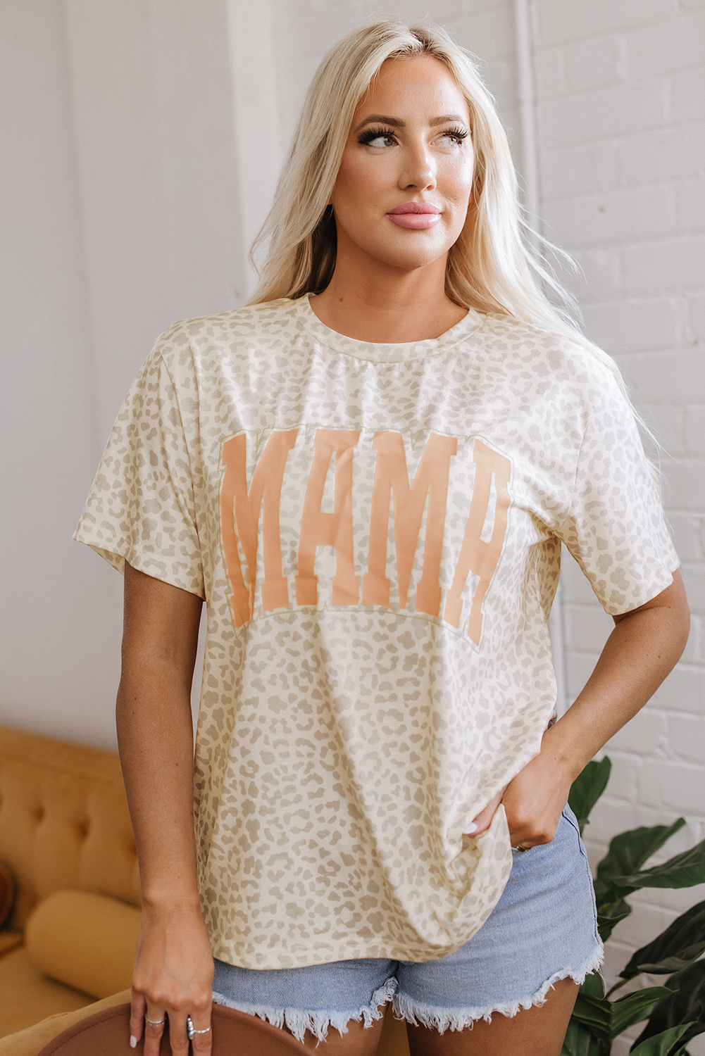 Yellow MAMA Letter Graphic Leopard Loose Tee