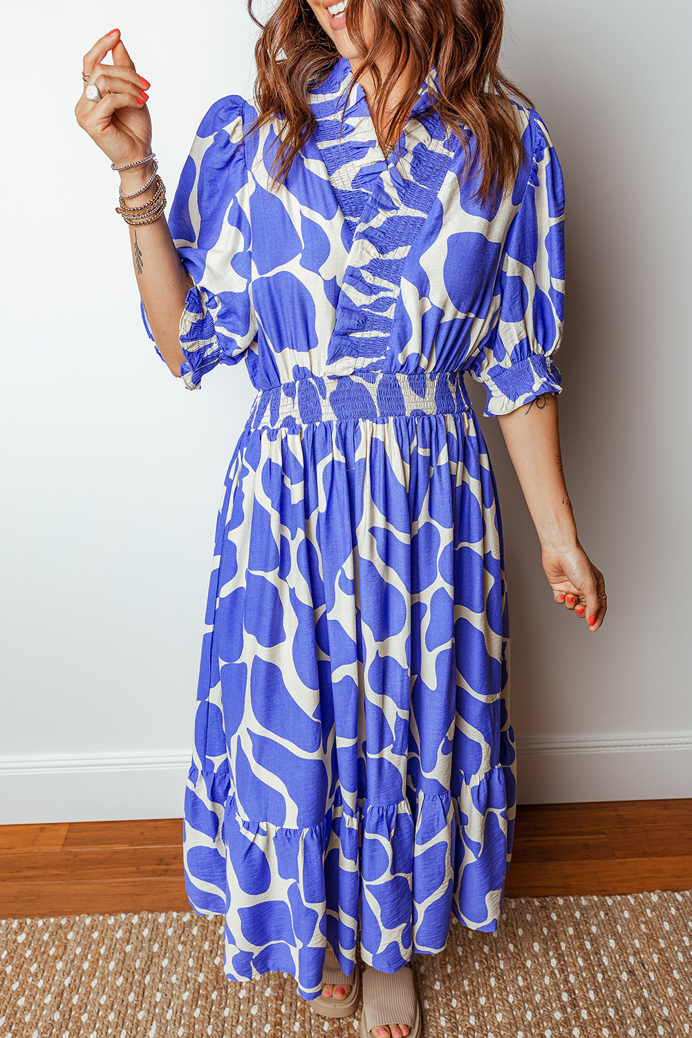 Sky Blue Abstract Print Smocked Waist Puff Half Sleeve Maxi Dress