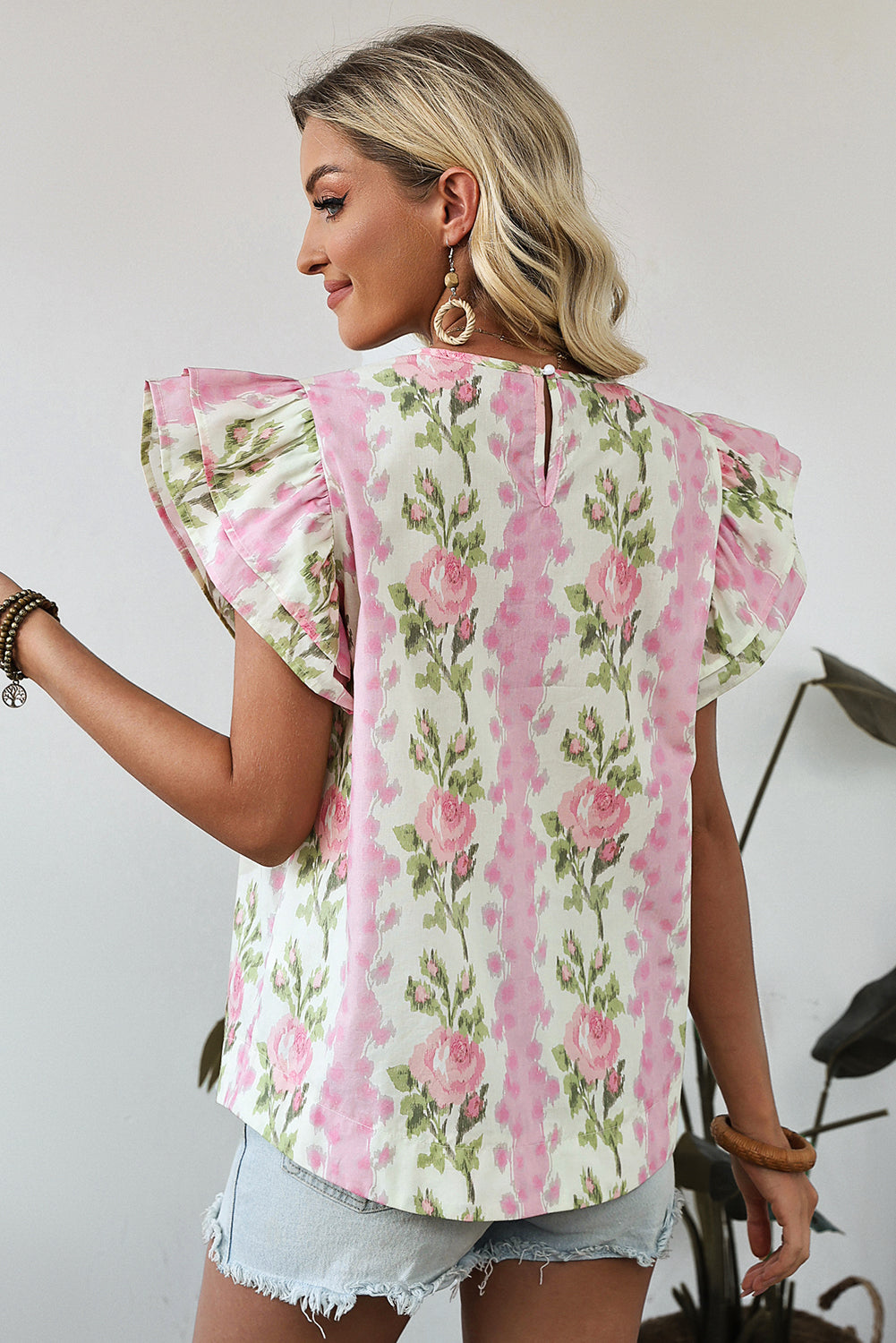 Pink Floral Print Ruffled Sleeve Summer Top