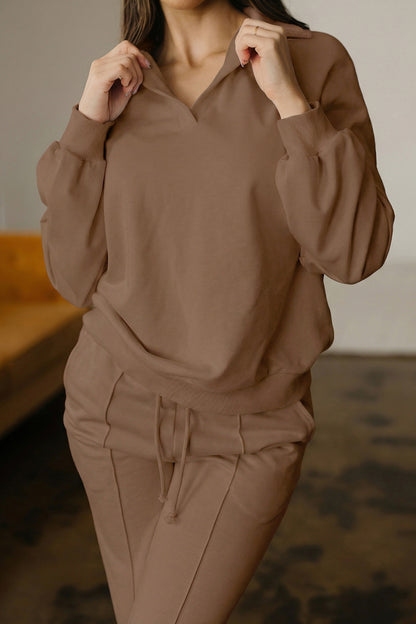 Light Grey Polo Collar V Neck Pullover and Drawstring Sweatpants Set