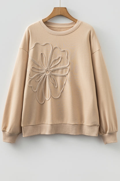 Parchment Embroidered Flower Pattern Drop Shoulder Sweatshirt