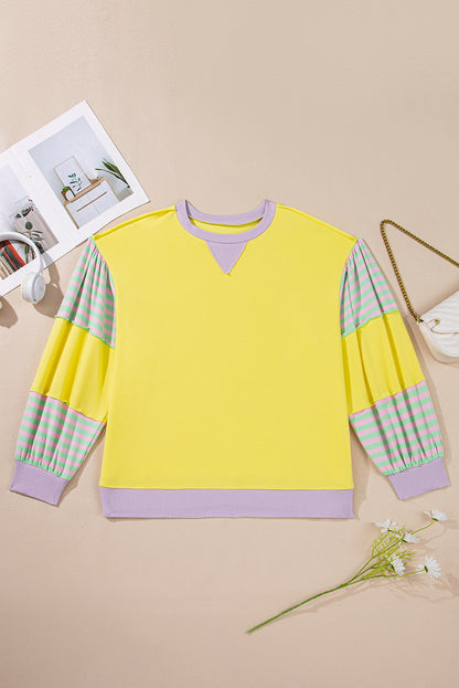 Yellow Striped Color Block Patchwork Crewneck Plus Size Pullover Sweatshirt