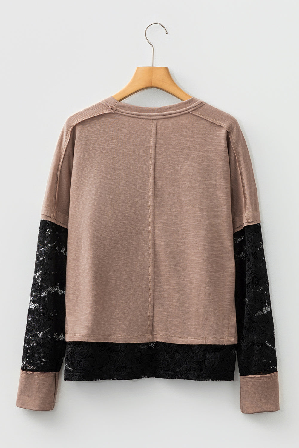 Light French Beige Sheer Lace Patchwork Casual Long Sleeve Tee