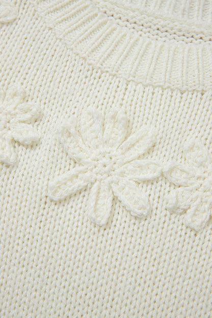 White Flower Detail Round Neck Contrast Textured Puff Sleeve Sweater