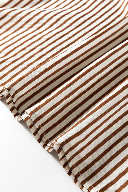 Khaki Stripe Double Ruffled Short Sleeve V Neck Blouse