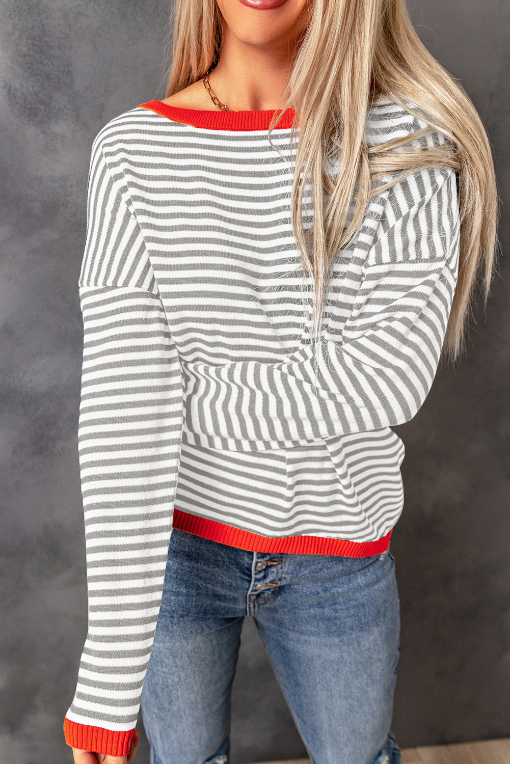 Gray Striped Contrast Trimmed Drop Shoulder Sweater