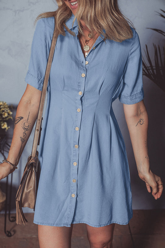 Myosotis Denim Pleated Slim Waist Short Sleeve Shirt Dress