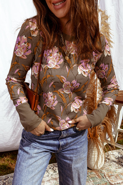 Brown Floral Print Waffle Textured Long Sleeve Top