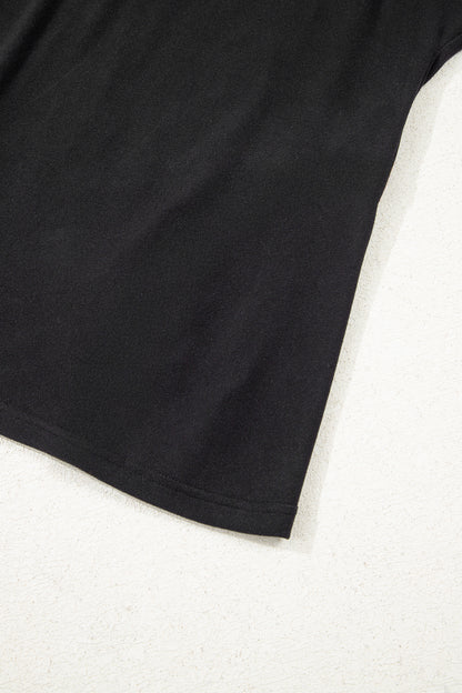 Black Solid Color Bow Textured Patchwork Long Sleeve Tee