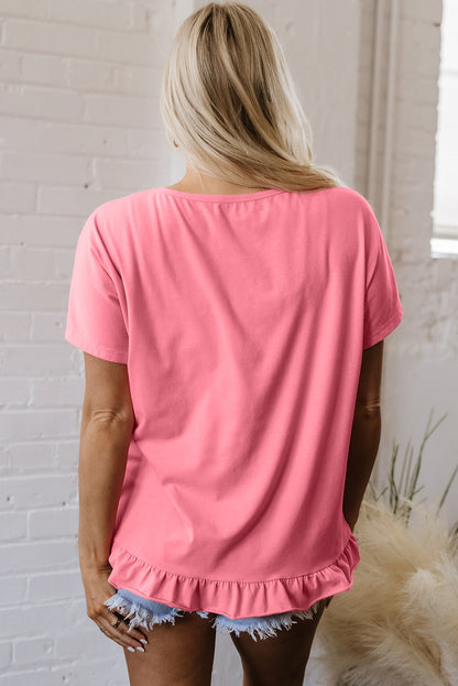 Pink Frilled Hem Loose T-Shirt