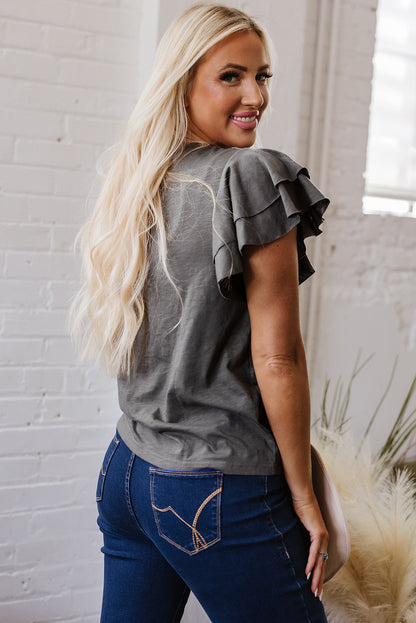 Dark Grey Layered Ruffle Short Sleeve Round Neck Top