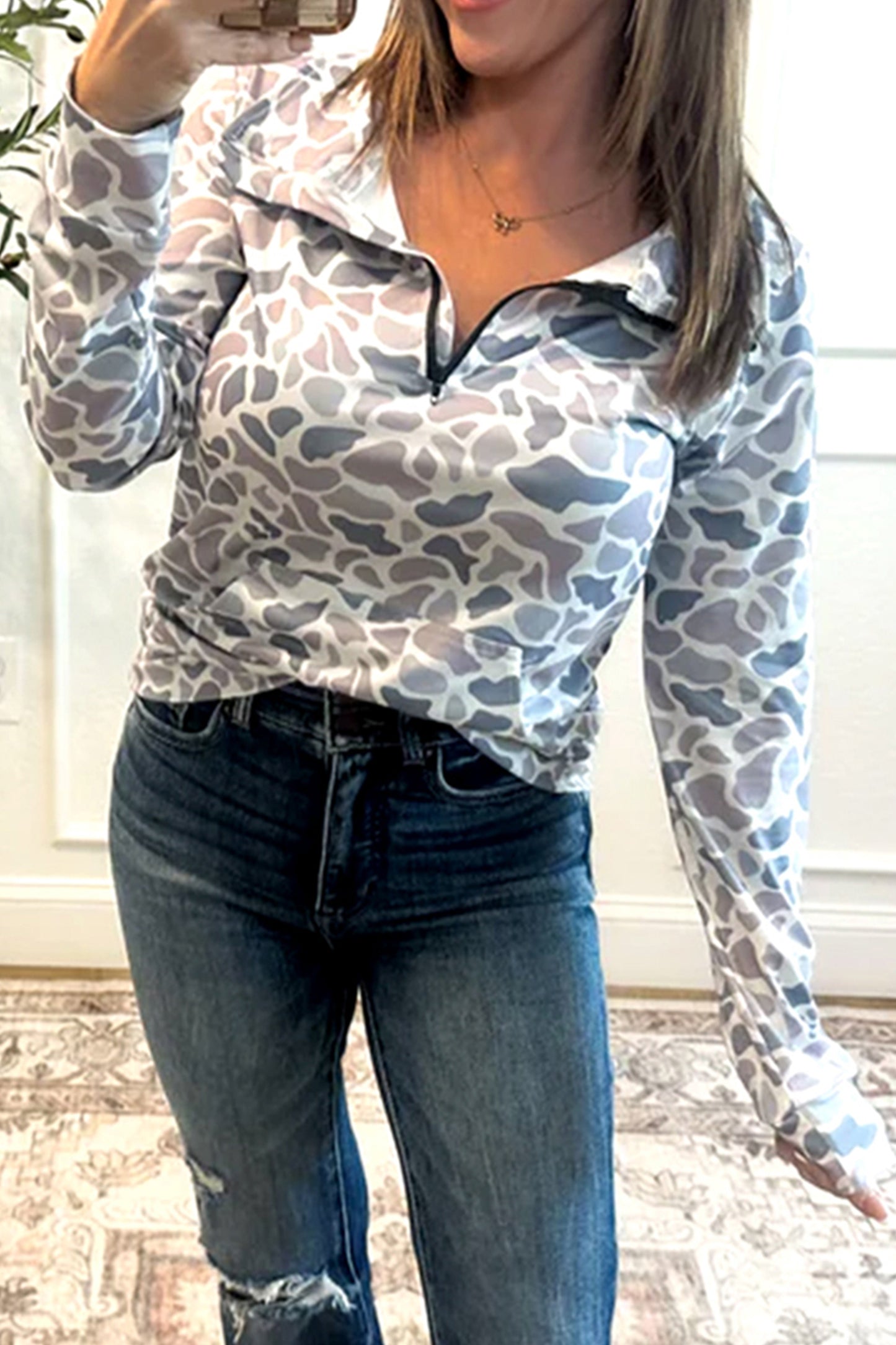 Multicolour Camouflage Print Kangaroo Pocket Zip Collar Pullover Sweatshirt