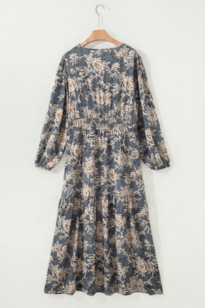 Sky Blue Plus Size Floral Print Split Neck Shirred High Waist Long Sleeve Maxi Dress