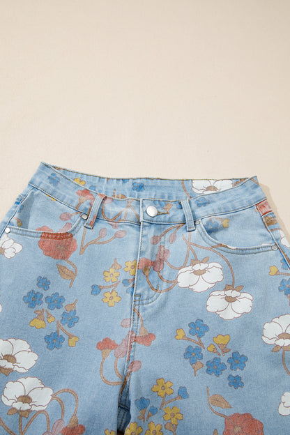 Sky Blue Floral Printed Raw Hem Shift Jeans