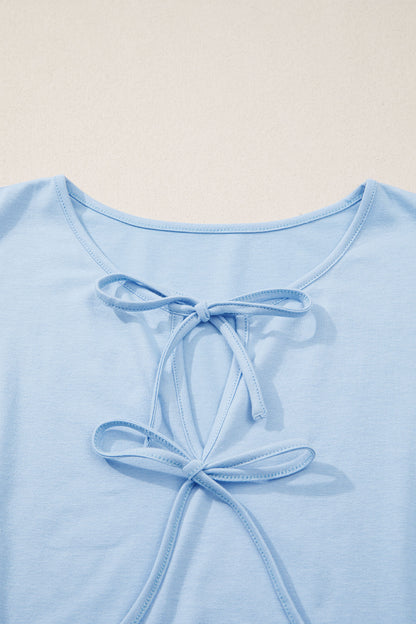 Beau Blue Plus Size Solid Color Bow Tie Peplum Tank Top