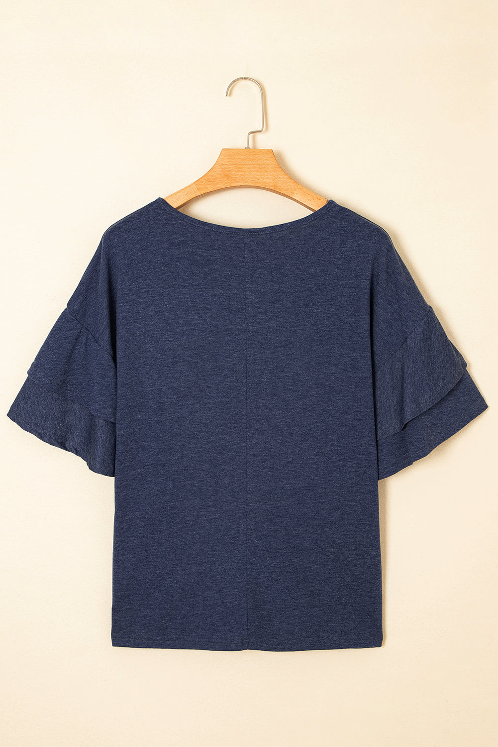 Sail Blue Solid Colour V-Neck Double Layer Sleeve Loose T-Shirt