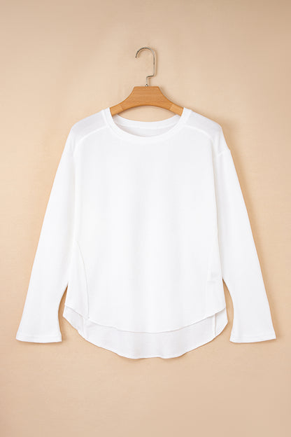 White Solid Color Waffle Ribbed Patchwork Dolman Sleeve Oversize Knit Top