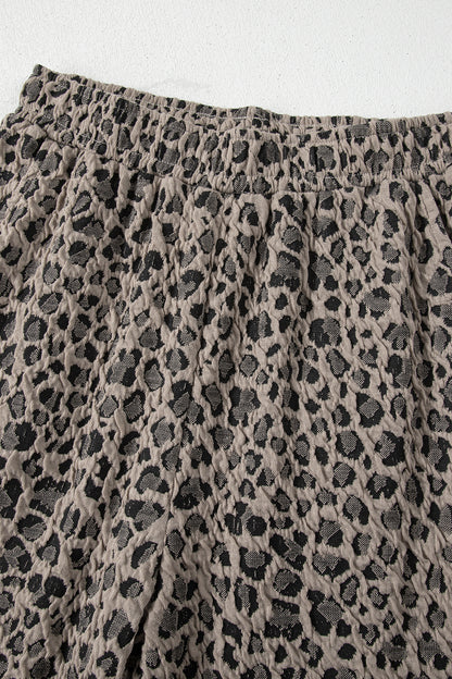 Khaki Jacquard Leopard Half Sleeve Jumper Wide Leg Pant Set