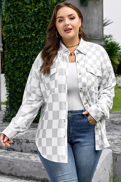 Khaki Plus Size Checkered Buttoned Down Casual Western Jacket