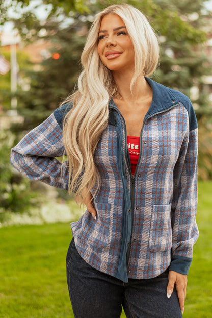 Gray Plaid Corduroy Patchwork Collared Zip Up Snap Button Jacket