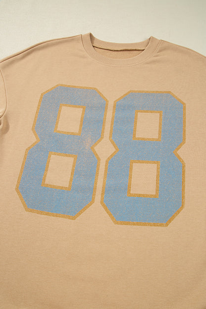 Khaki 88 Number Graphic Drawstring Hemline Oversize Long Sleeve Top