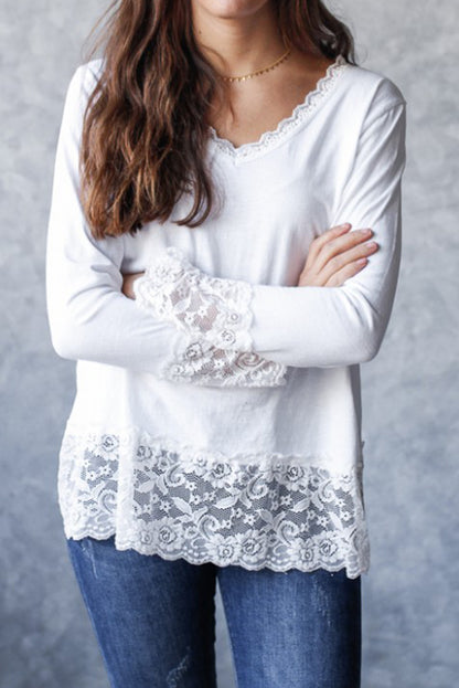 White Lace Trim V Neck Cuffed Long Sleeve Loose Top