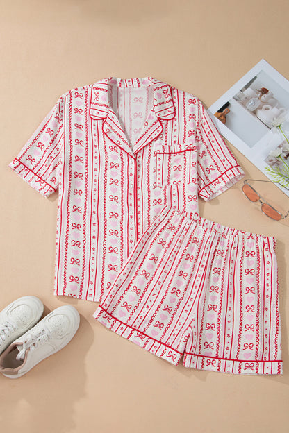 Red Cute Bow Heart Print Ribbon Decor Short 2pcs Pajama Set