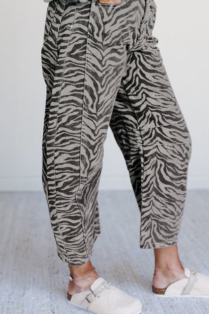 Gray Zebra Stripe Printed Wide Leg Jeans