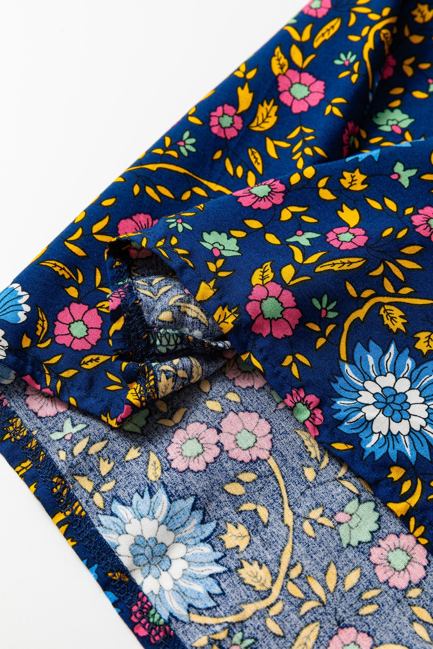 Blue Bohemian Floral Print Tassel Tie Front Long Sleeve Blouse