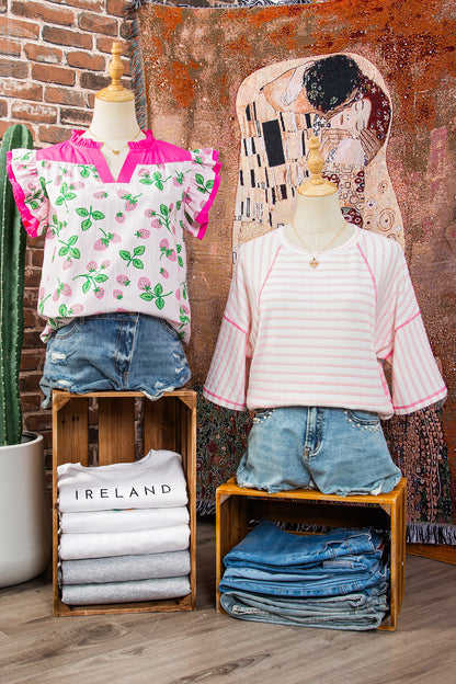 Pink Stripe Textured Knit Split Hem Half Sleeve Loose Top