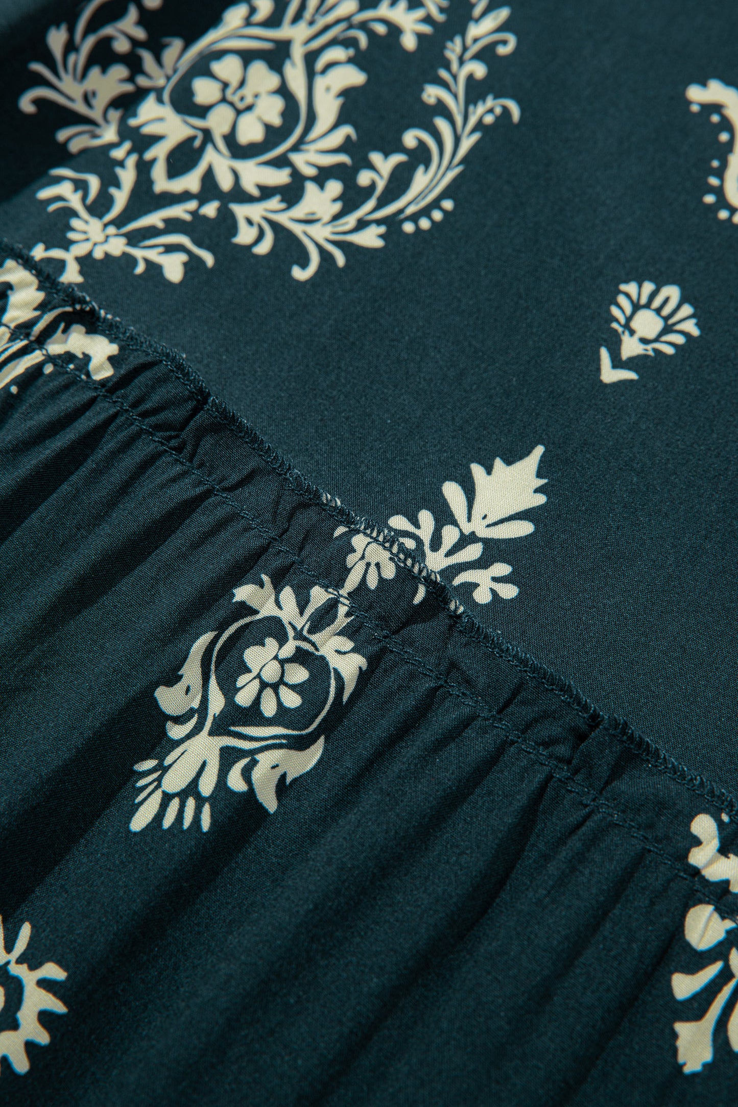 Sky Blue Boho Floral Print Lettuce Trim 3/4 Sleeve Mini Dress