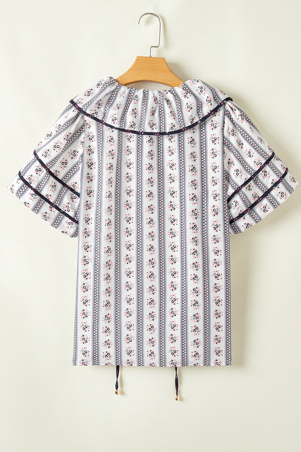 White Floral Ruffled Collar Short Puff Sleeve Printed Blouse