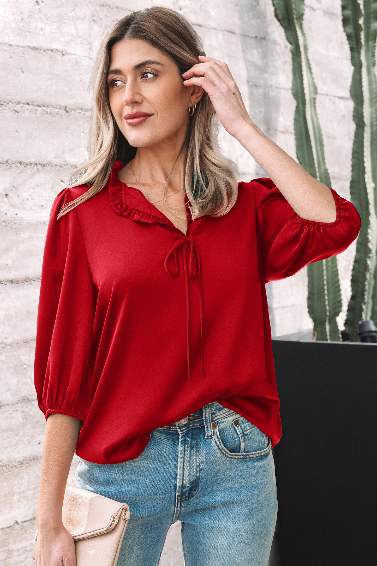 Fiery Red Solid Color Frilled V Neck Bow Detail 3/4 Sleeve Blouse
