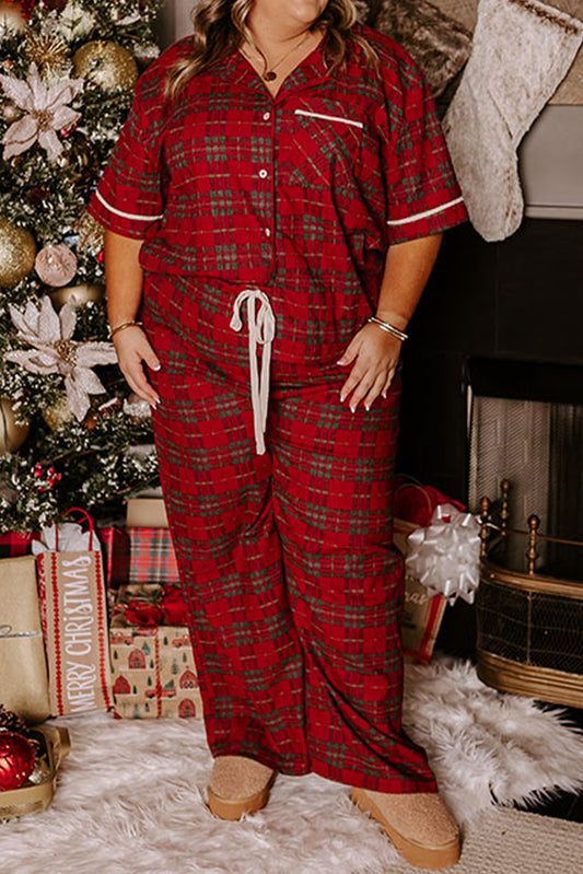 Red Plus Size Plaid Short Sleeve Shirt Loose Pants 2pcs Pajama Set