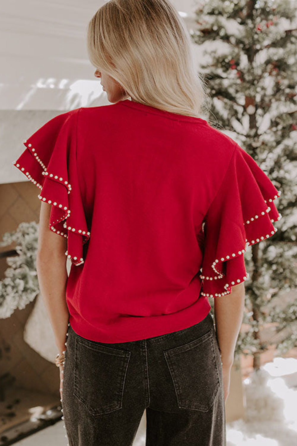 Racing Red Pearl Embellished Double Ruffle Short Sleeve Sweater