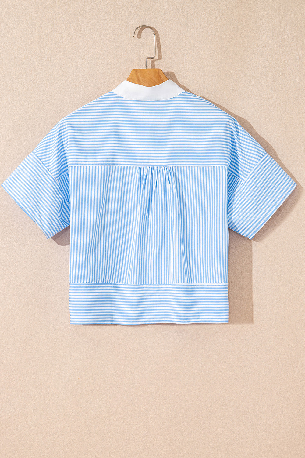Sky Blue Stripe Contrast Collar Patchwork Hidden Button Short Sleeve Summer Shirt