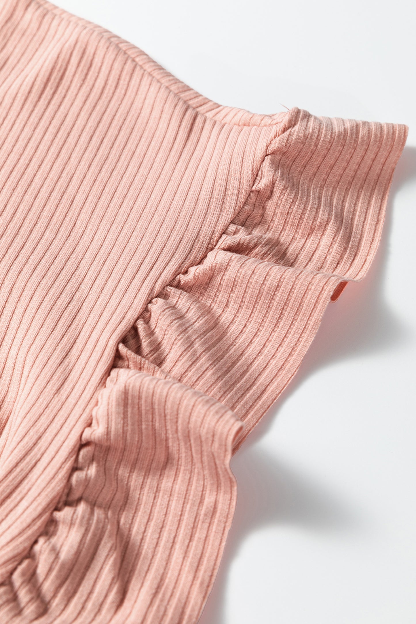 Dusty Pink Solid Color Ribbed Ruffled Short Sleeve T Shirt