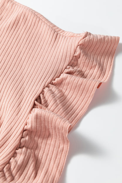 Dusty Pink Solid Color Ribbed Ruffled Short Sleeve T Shirt