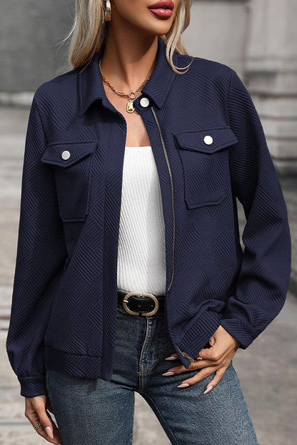 Navy Blue Solid Color Zip Up Button Flap Pocket Shirt Collar Jackets