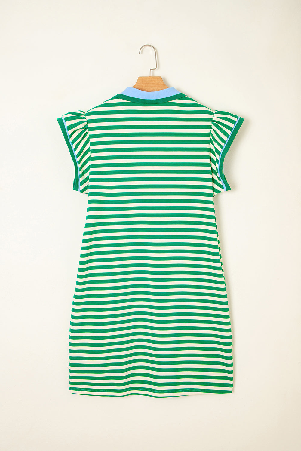 Green Stripe Print Contrast Collar Split Neck Flutter Sleeve Short Dress